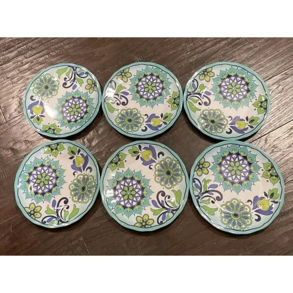 Melamine Salad Plates Blue Colorful Floral Flowers Set Of 6 Boho Cottage Beach